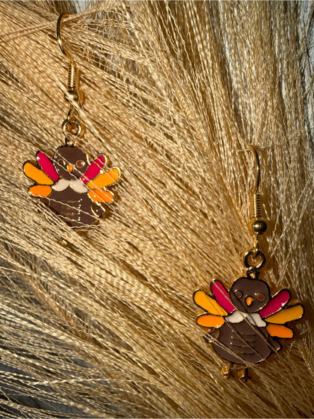 Cute Turkey Dangle Earrings in Brown, Orange & Pink